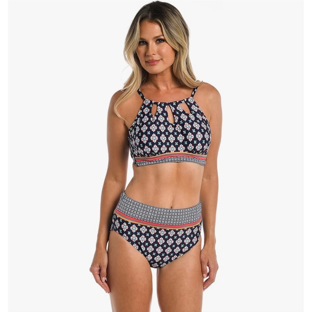 NWT 24th & Ocean Alexandria Tile High Rise Bikini Bottom Navy Tummy Control